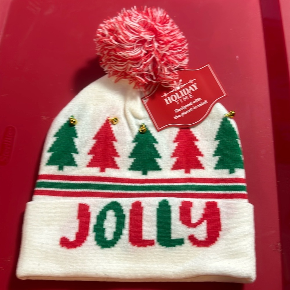 HOLIDAY TIME JOLLY BEANIE HAT: WHITE/RED/GREEN: NEW WITH TAGS